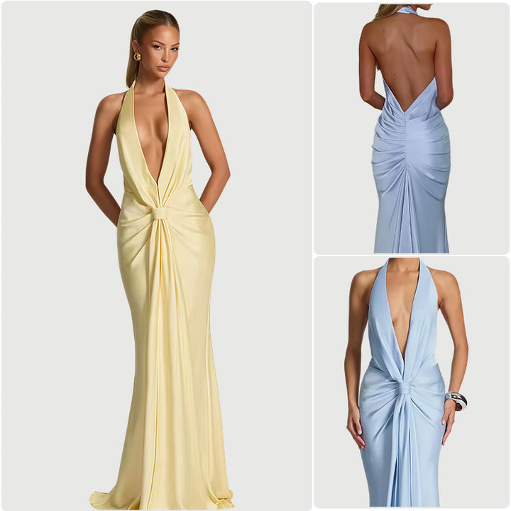 Damen Elegantes Maxi-Kleid mit tiefem V-Ausschnitt und verführerischem Wickeldetail Drune