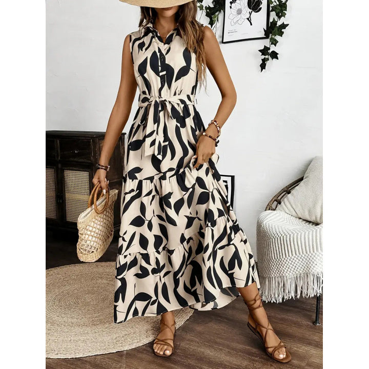 Damen Maxi-Kleid mit maskulinem Blätterdruck und tailliertem Gürtel Drune