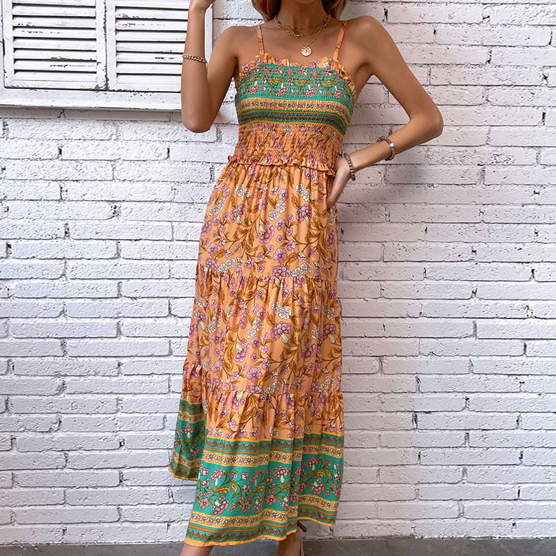 Damen Maxikleid mit elastischem Taillenzug und floralen Mustern Drune