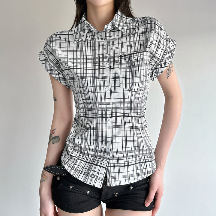 Damen Kurzarm-Karobluse mit tailliertem Schnitt und Knopfdetails Drune