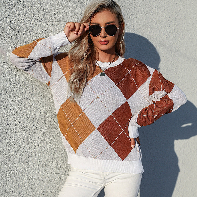 Damen lässiger Strickpullover mit modernem Rautenmuster Drune