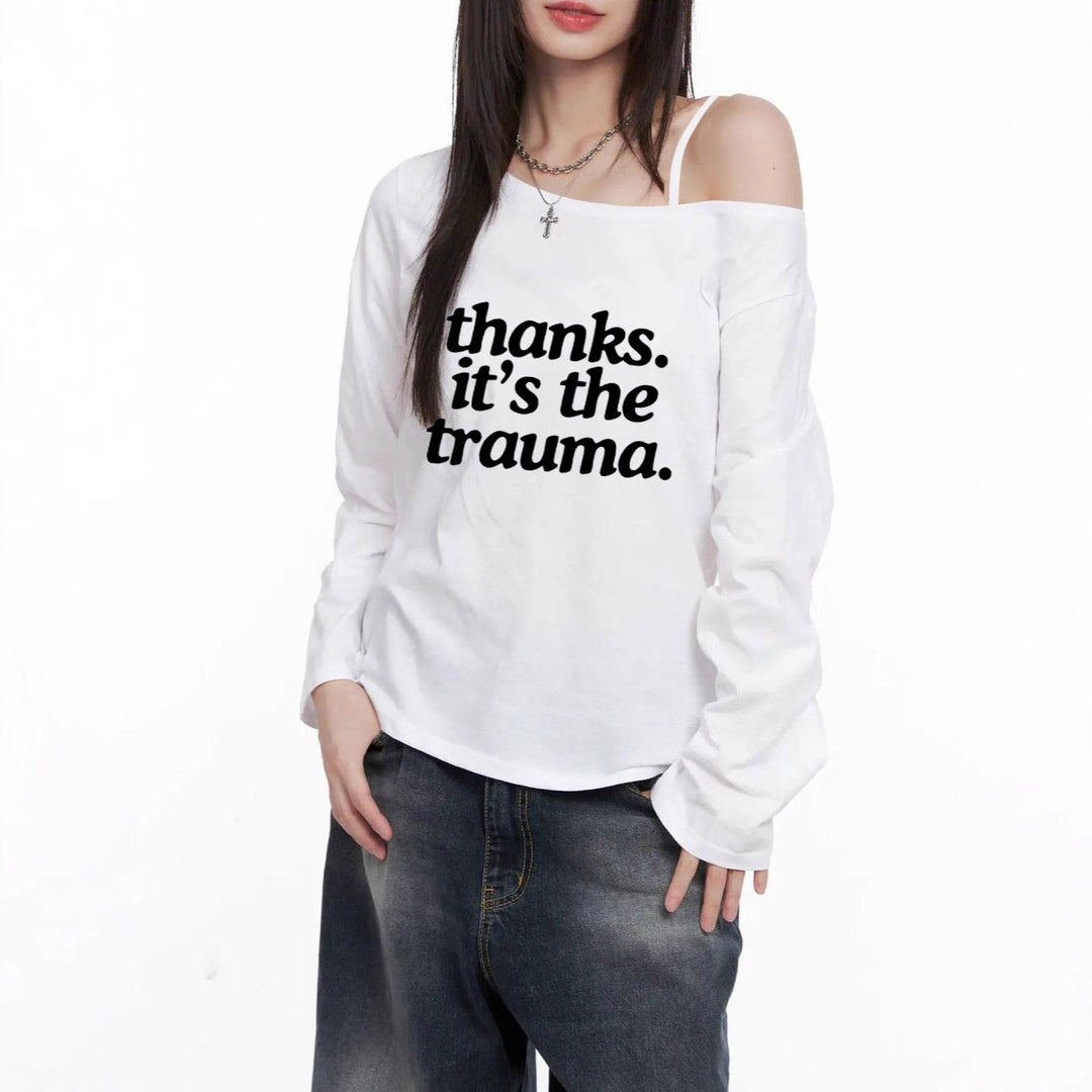 Damen nan Off-Shoulder Langarm-Cropshirt mit Statement-Print, asymmetrischem Ausschnitt und lockerem Oversize-Schnitt Drune