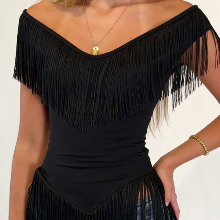 Damen Top mit fransigem Detail und Off-Shoulder-Design Drune