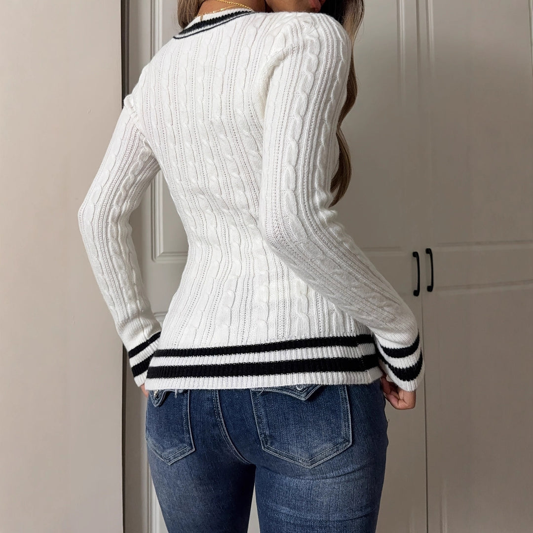 Damen modischer Pullover mit V-Ausschnitt und Zopfmuster Drune