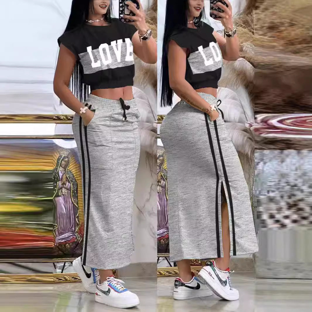 Damen Sportliches Crop-Top und Maxirock Set Drune