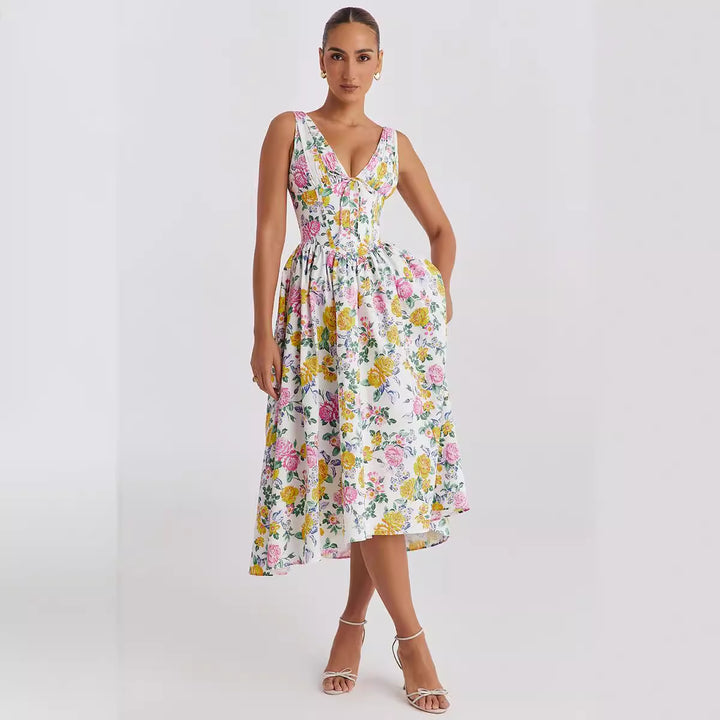 Damen Midikleid mit floralen Akzenten und tailliertem Oberteil Drune