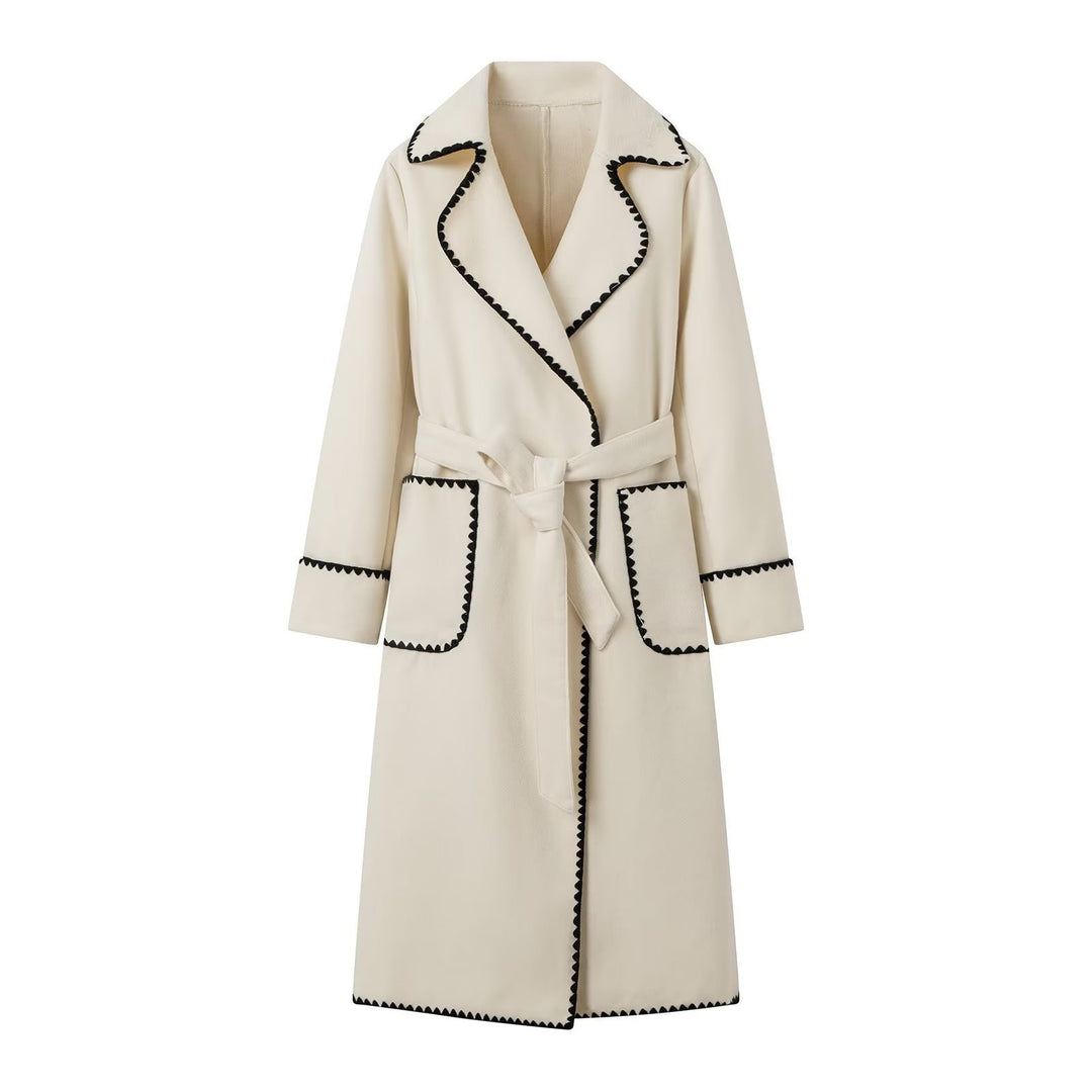 Damen eleganter Longcoat mit Bindegürtel und kontrastierenden Paspeln Drune