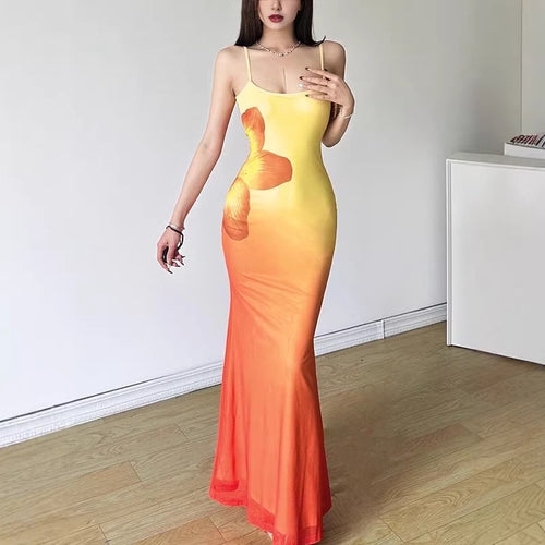 Damen figurbetontes Abendkleid mit Spaghettiträgern und Farbverlauf Drune