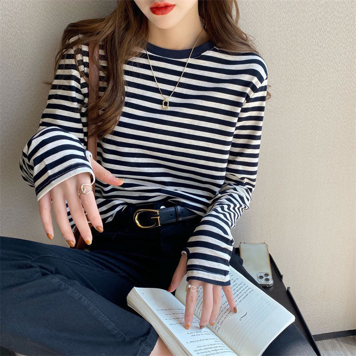 Damen lässiges Langarmshirt mit Streifenmuster und weitem Schnitt Drune