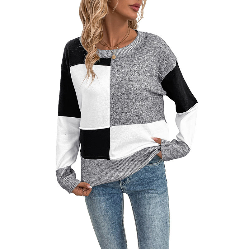 Damen lässiger Pullover mit modischem Patchwork-Design und Rundhalsausschnitt Drune