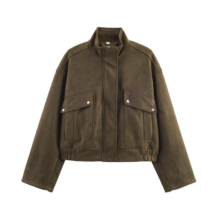Damen nan kurze Oversize-Jacke in Wildlederoptik mit Stehkragen, aufgesetzten Pattentaschen und elastischem Bund Drune