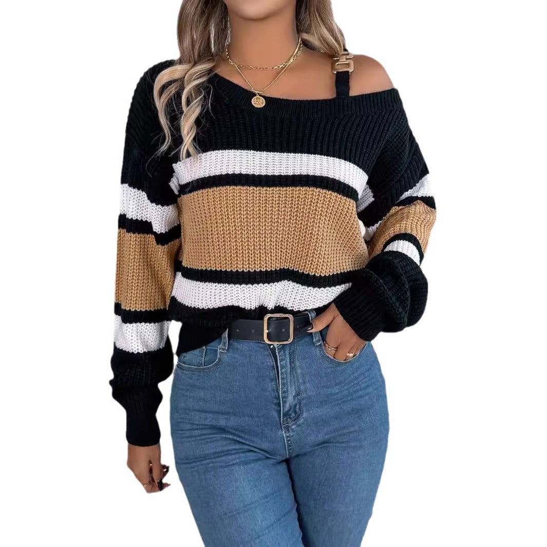 Damen Off-Shoulder Pullover mit Streifendetails und modischem Träger Drune