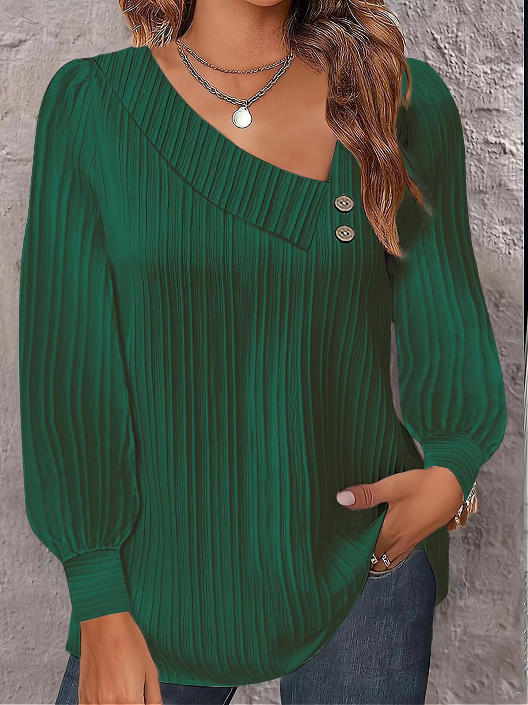 Damen stilvolles und elegantes Oberteil mit asymmetrischem Ausschnitt und Knopfleiste Drune