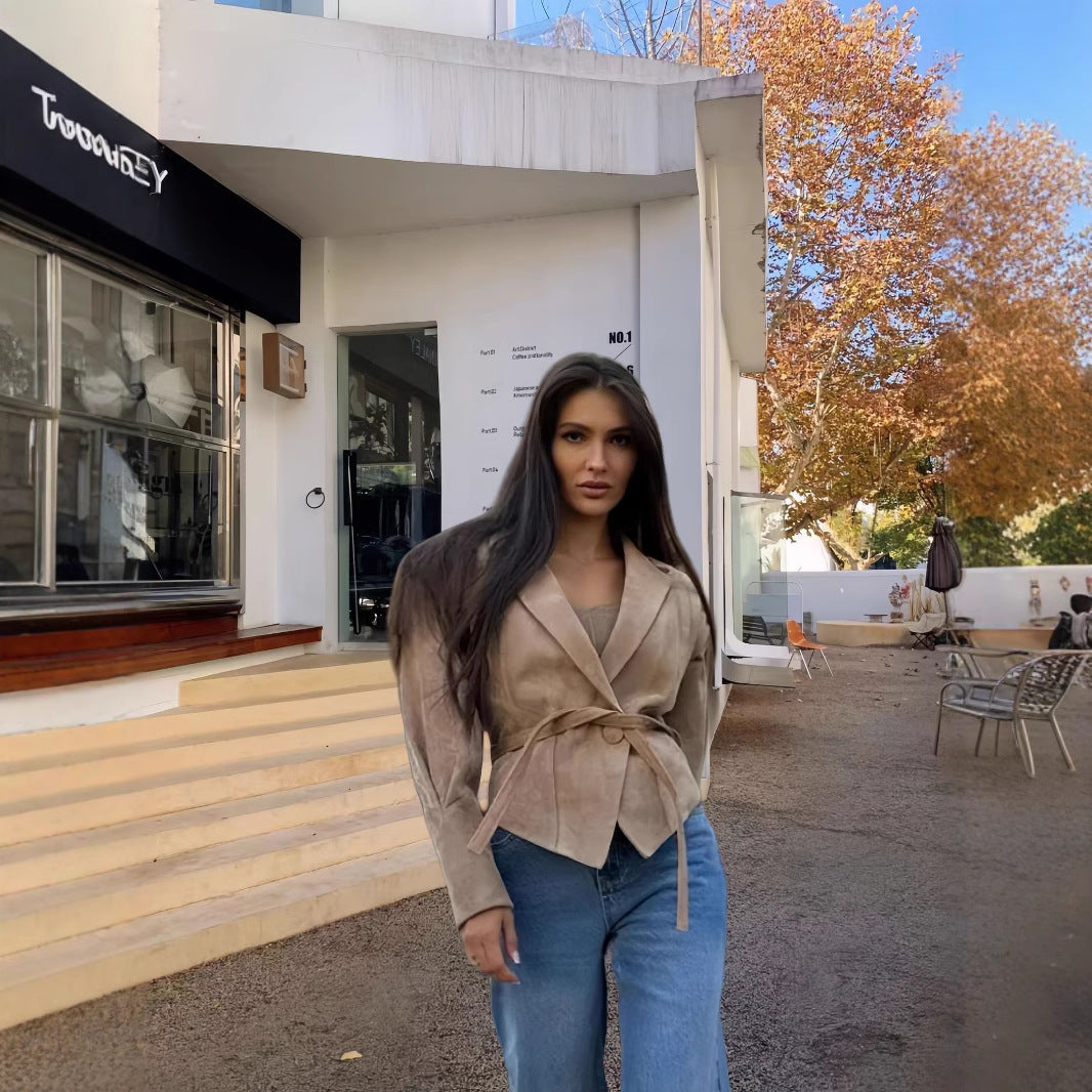 Damen schicke Wollblazerjacke mit Taillengürtel Drune