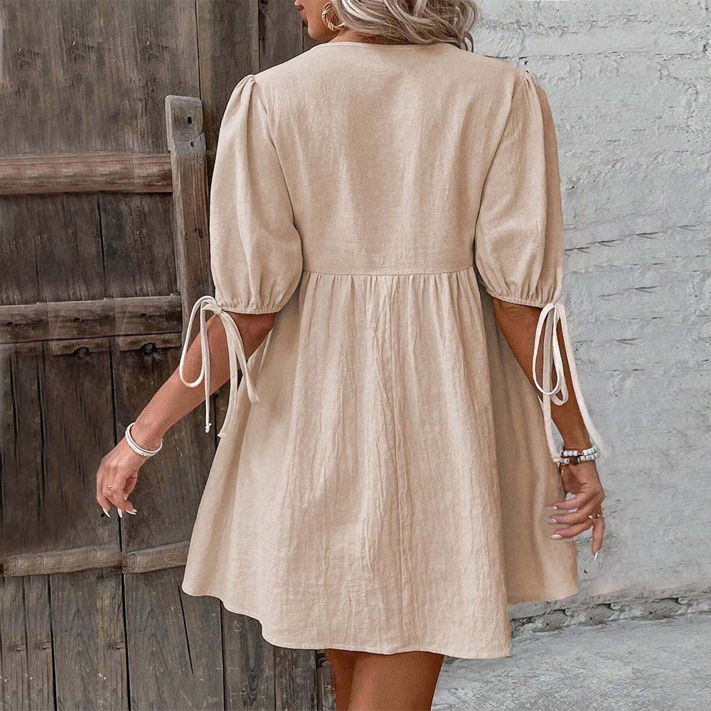 Damen lässiges Sommerkleid mit V-Ausschnitt und Rüschendetails Drune