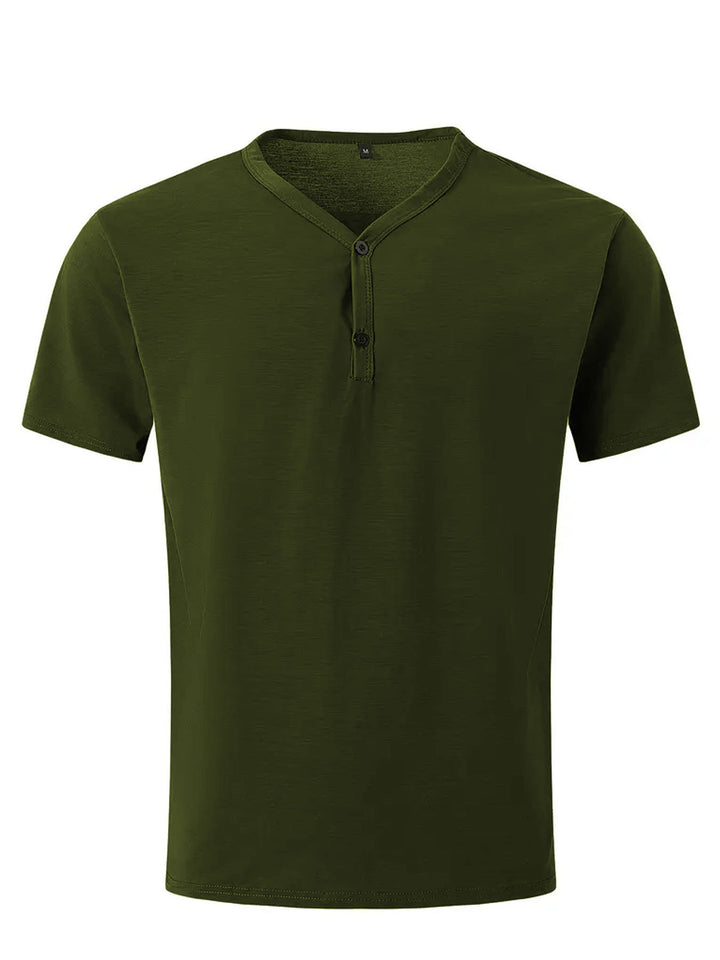 Herren nan kurzärmeliges Henleyshirt mit V-Ausschnitt und Zweiknopfleiste aus Baumwollmix Drune