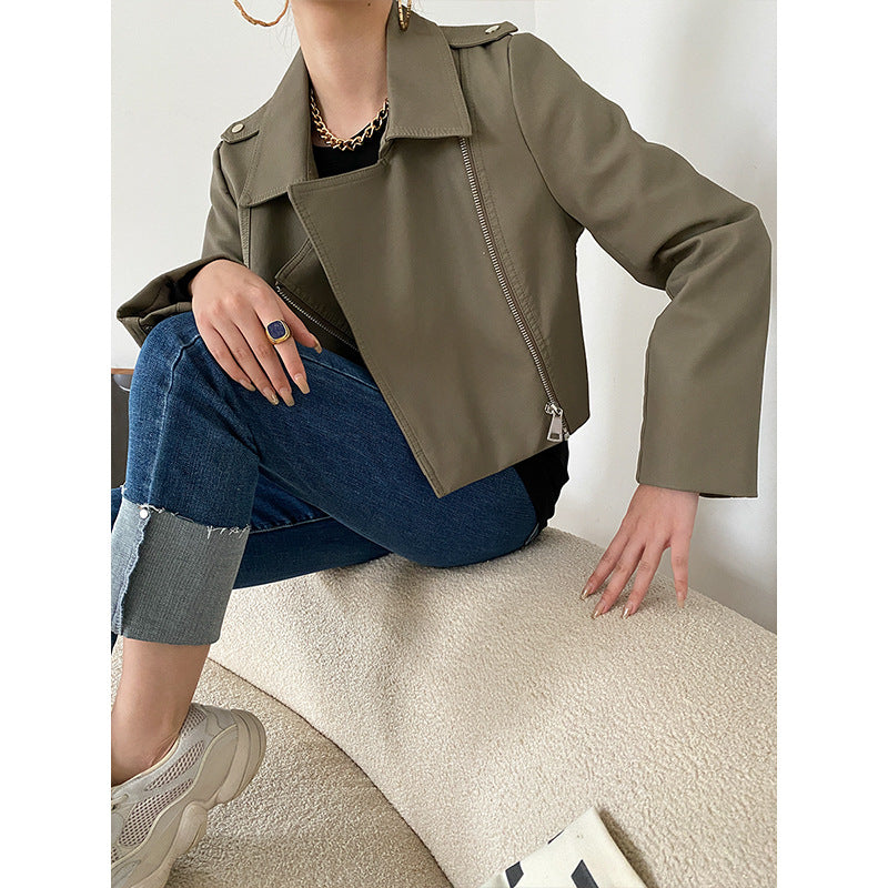 Damen vegane Lederjacke im Biker-Stil mit asymmetrischem Reißverschluss Drune