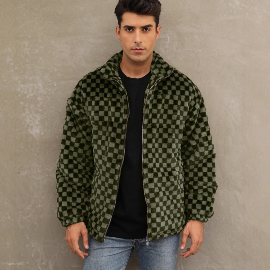 Herren Plüschjacke mit Karo-Muster und hohem Kragen Drune