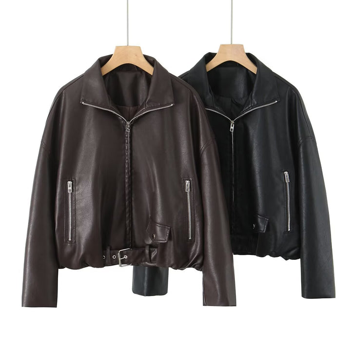 Damen Kunstlederjacke mit taillierbarem Gürtel und seitlichen Reißverschlusstaschen Drune