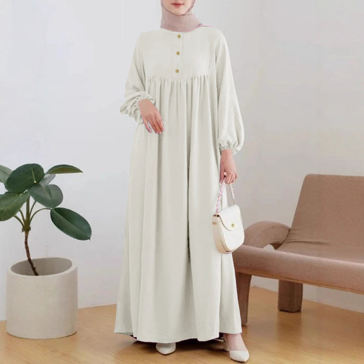 Damen luftiges Maxikleid mit bequemer Knopfleiste und eleganten Puffärmeln Drune