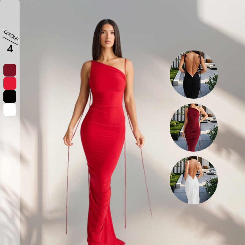 Damen Elegantes Rückenfreies Maxikleid mit raffinierten Bindebändern Drune