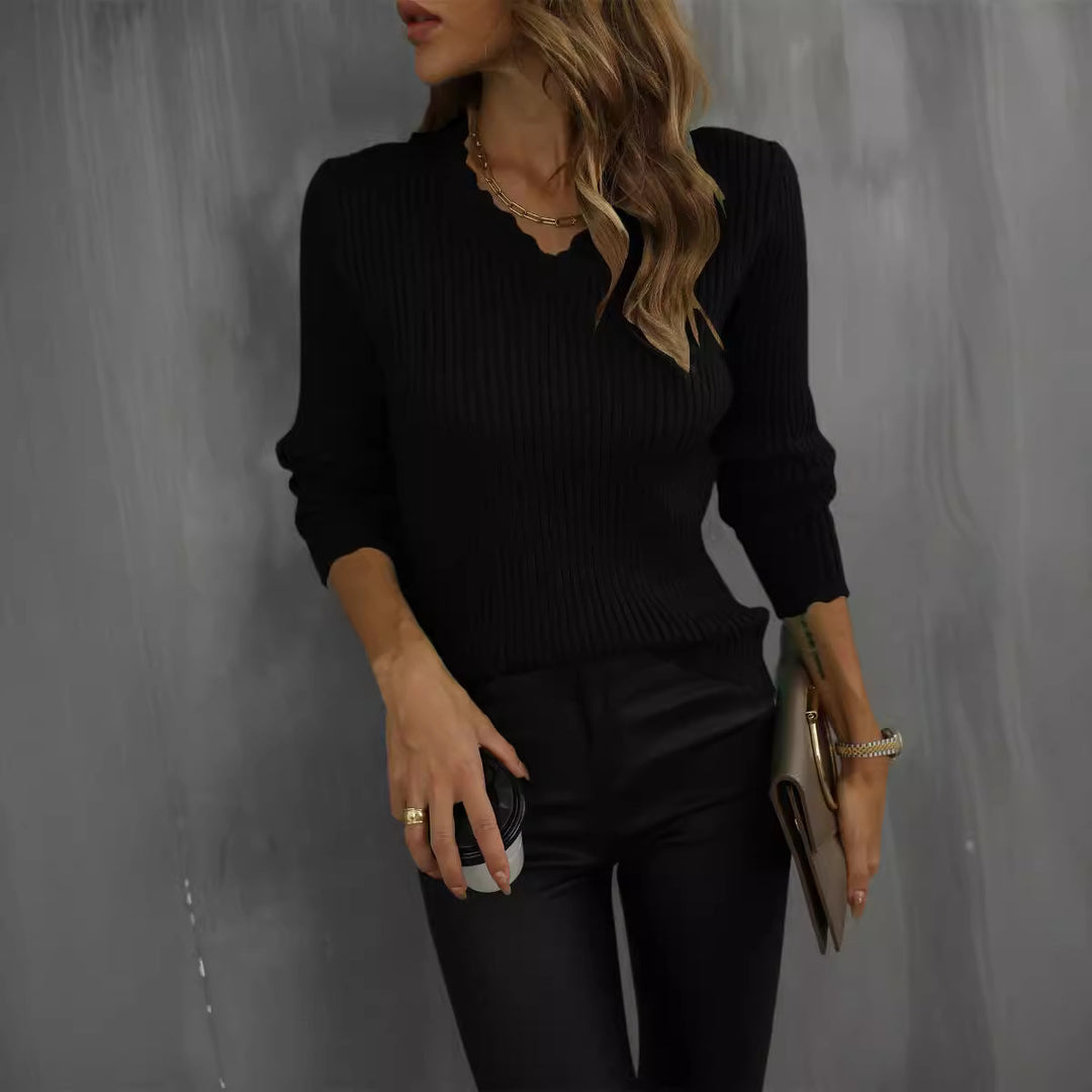 Damen V-Ausschnitt Rippenpullover mit Wellenkante Drune