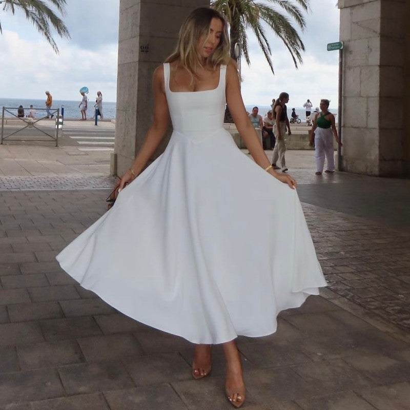 Damen Abendkleid mit quadratischem Ausschnitt und fließendem Rock Drune