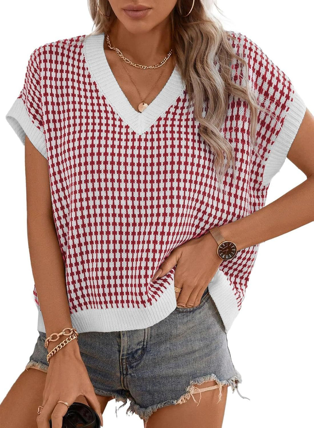 Damen Viskose Stricktop mit modernem Karomuster und V-Ausschnitt Drune