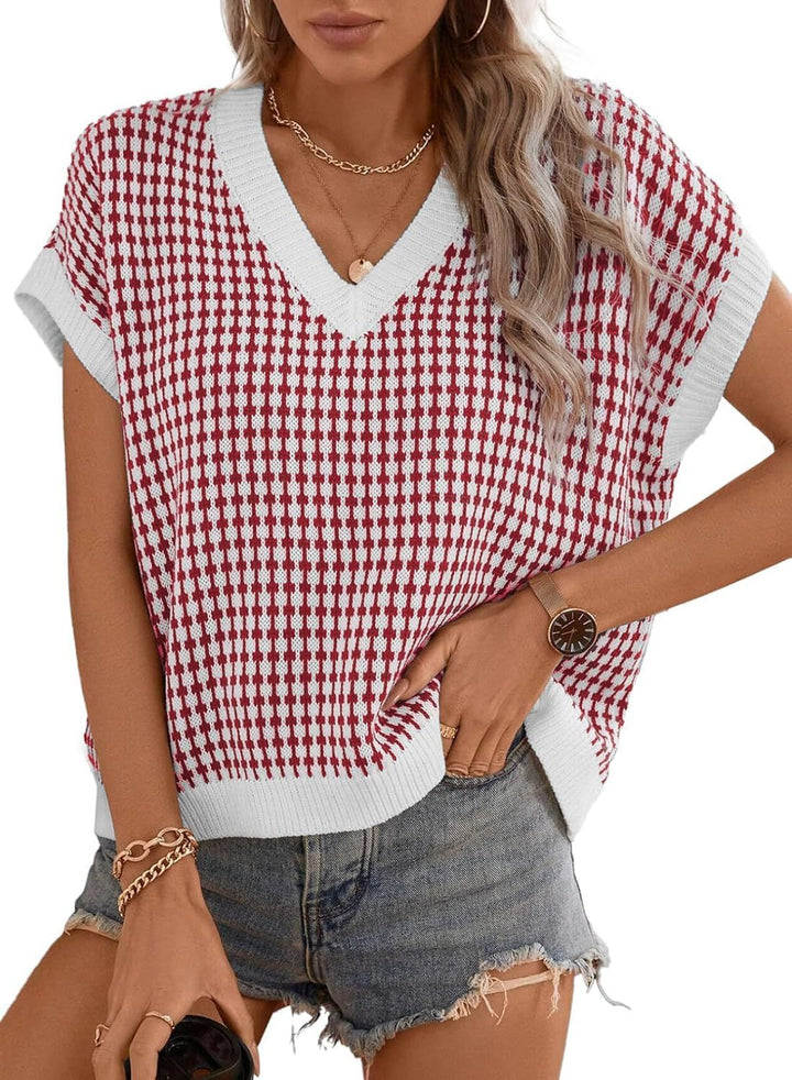 Damen Viskose Stricktop mit modernem Karomuster und V-Ausschnitt Drune