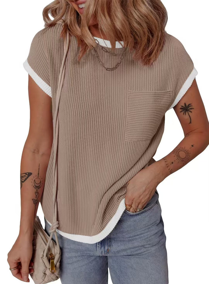 Damen modisches T-Shirt mit strukturiertem Material und Brusttasche Drune