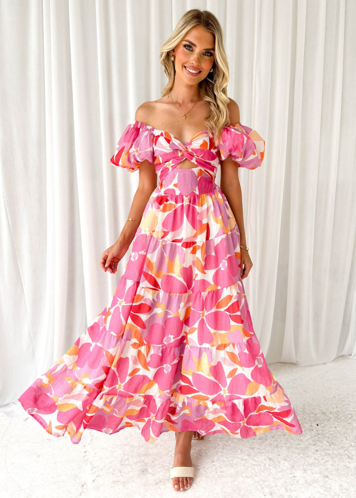 Damen Maxikleid mit voluminösen Puffärmeln und floralem Muster Drune