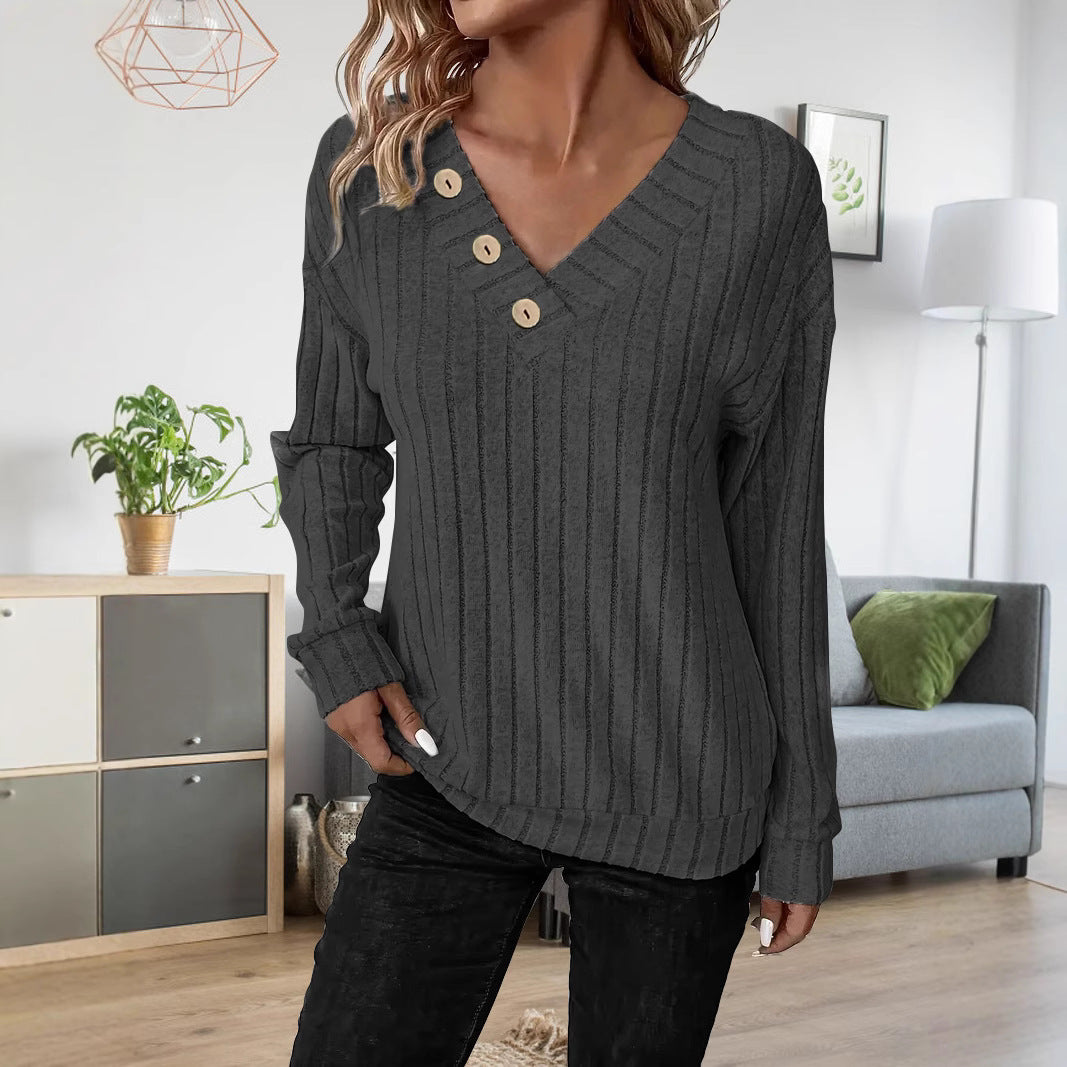 Damen lässiger V-Ausschnitt Pullover mit Knopfdetails und feinem Rippenmuster Drune