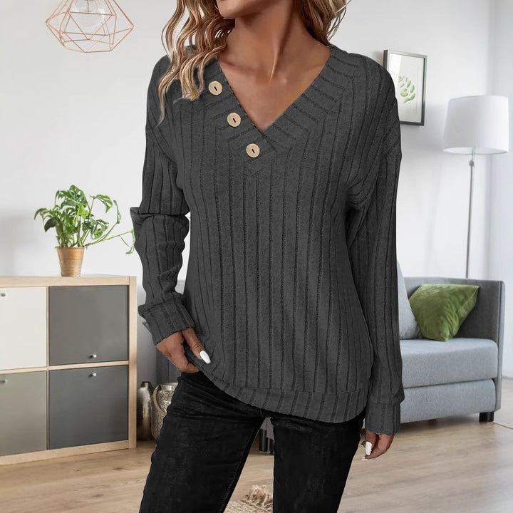 Damen lässiger V-Ausschnitt Pullover mit Knopfdetails und feinem Rippenmuster Drune