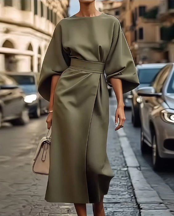 Damen Elegantes Maxikleid mit Puffärmeln und tailliertem Schnitt Drune