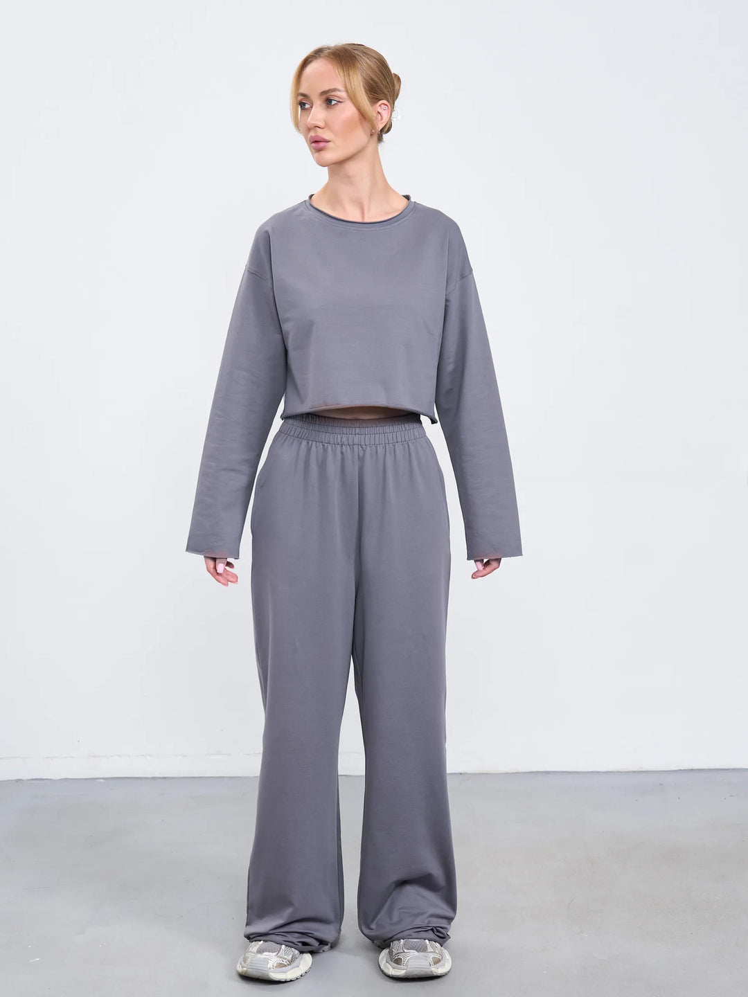 Damen Komfortables Cropped Sweatshirt und Weite Jogginghose Set Drune