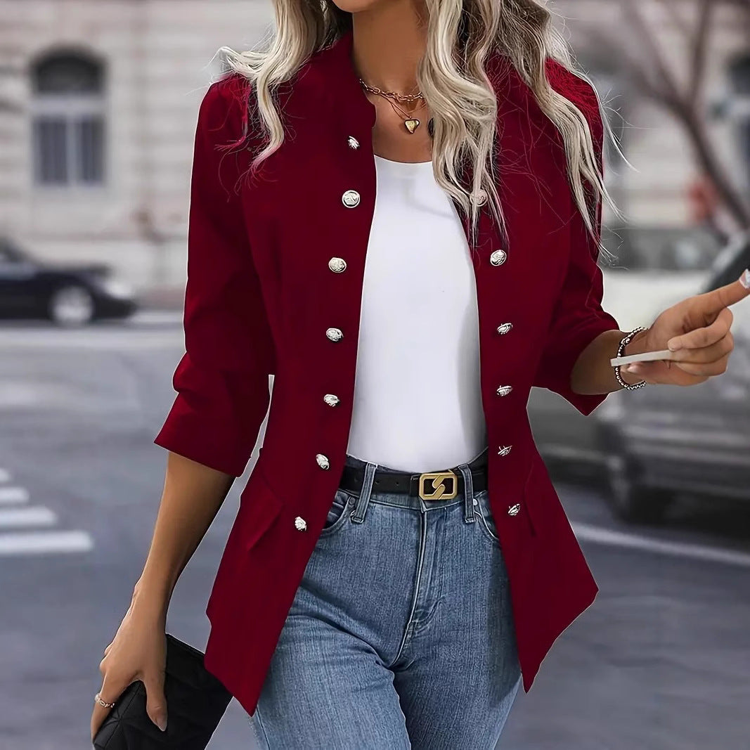 Damen nan taillierter Longblazer mit Stehkragen, dekorativer Metallknopfleiste und 3/4-Ärmeln Drune