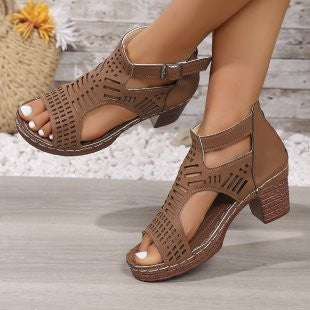Damen trendige Sandalen mit durchbrochenem Design und Holz-Elementen Drune