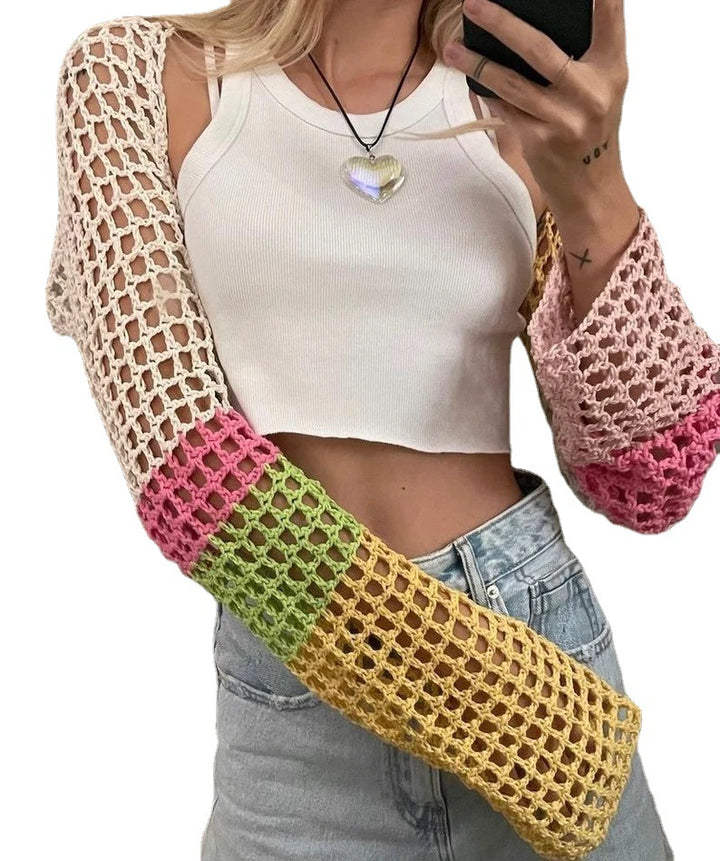 Damen gehäkeltes Langarm-Oberteil mit buntem Netzdesign Drune