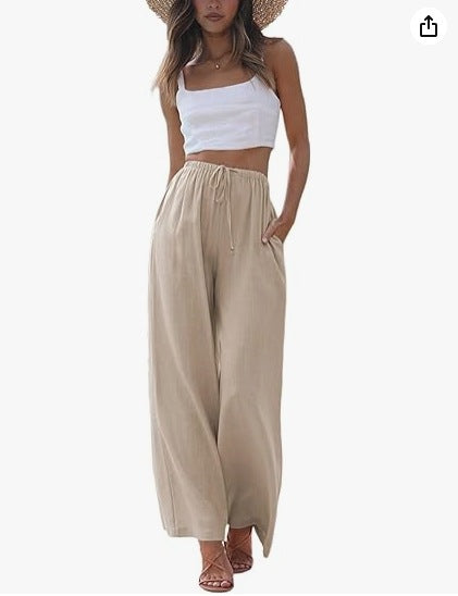 Damen nan weite Leinenhose mit elastischem Bund Kordel und Seitentaschen Drune