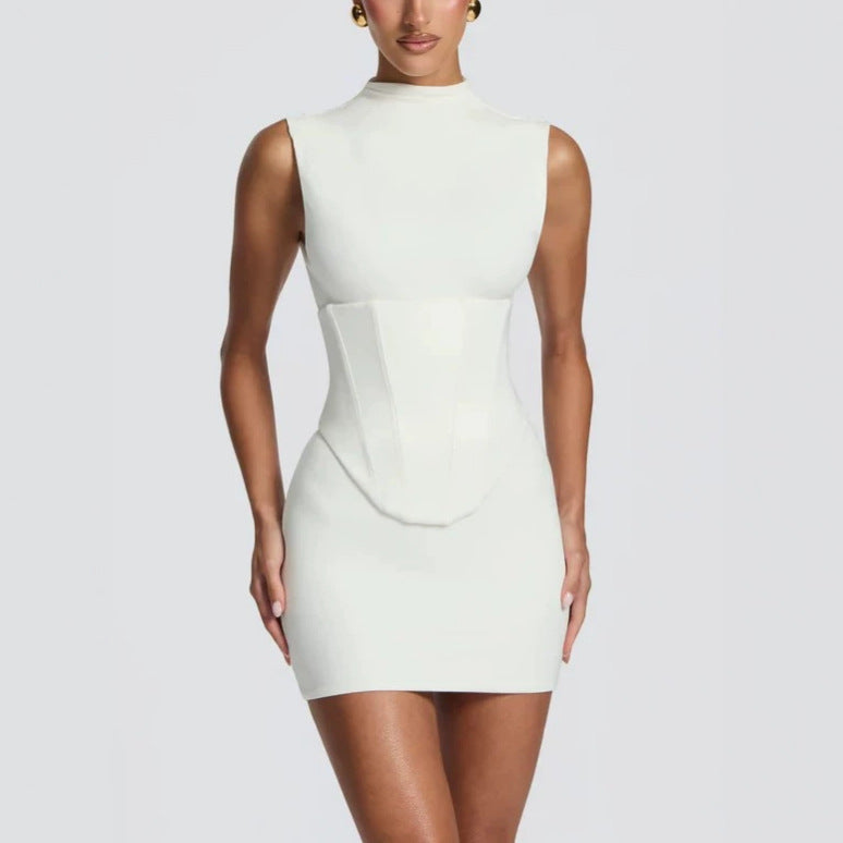 Damen Enganliegendes Stretch-Minikleid mit hohem Kragen Drune