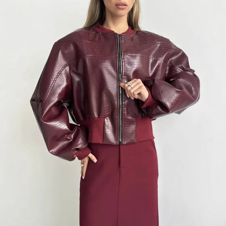 Damen trendige cropped Kunstlederjacke mit voluminösen Ärmeln Drune