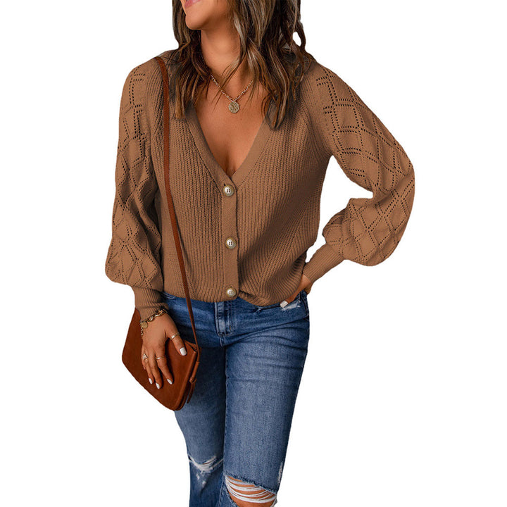 Damen Strickjacke mit V-Ausschnitt und Puffärmeln Drune
