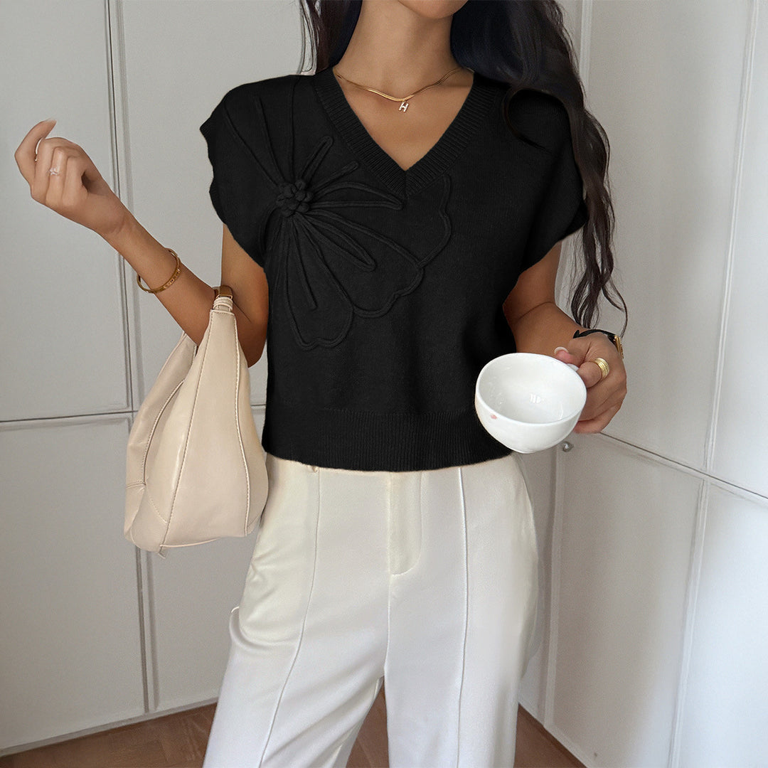 Damen eleganter V-Ausschnitt Pullover mit floralem 3D-Muster Drune