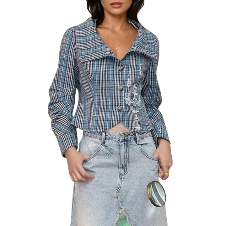Damen Karierte Kurzjacke mit stilvollen Knöpfen Drune
