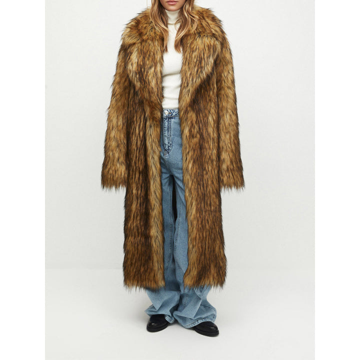 Damen Luxus Kunstfell-Mantel mit breitem Revers und taillierbarem Gürtel Drune