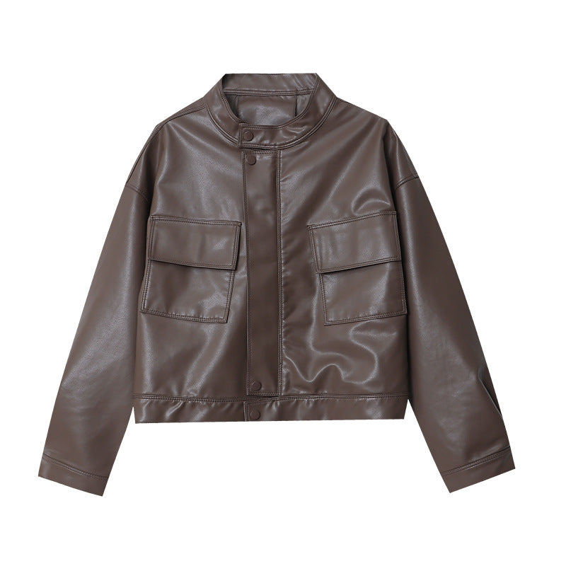 Damen modische Kunstlederjacke mit praktischen Taschen Drune