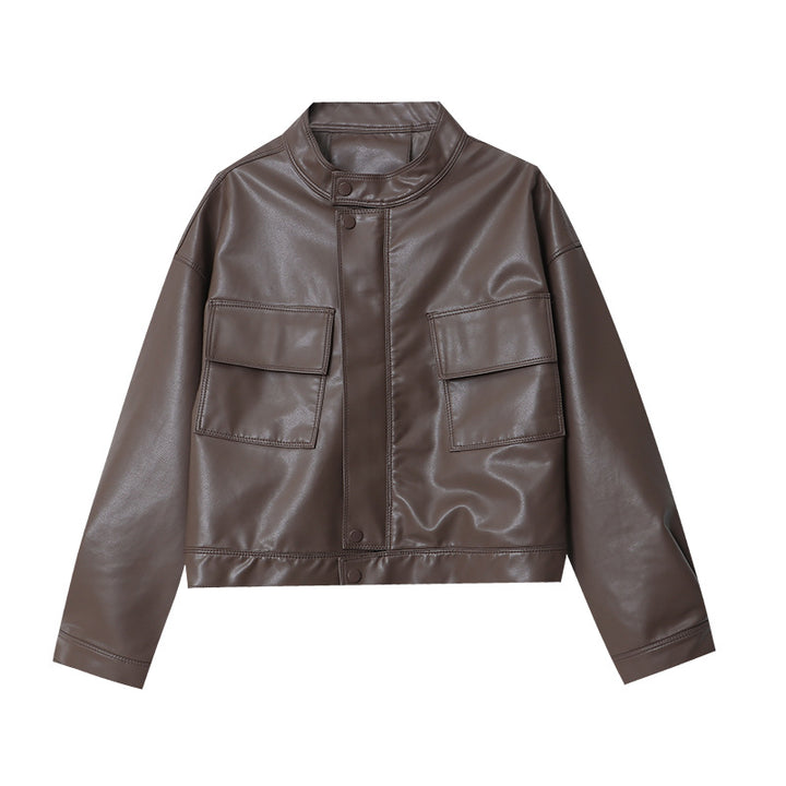 Damen modische Kunstlederjacke mit praktischen Taschen Drune