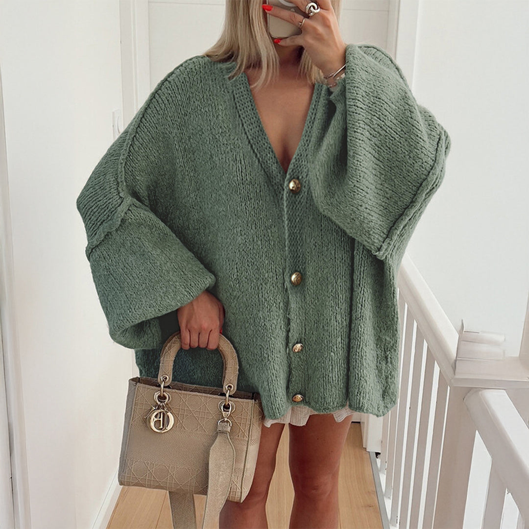 Damen nan Bouclé-Oversize-Cardigan mit tiefem V-Ausschnitt, Kimonoärmeln und goldenen Zierknöpfen Drune