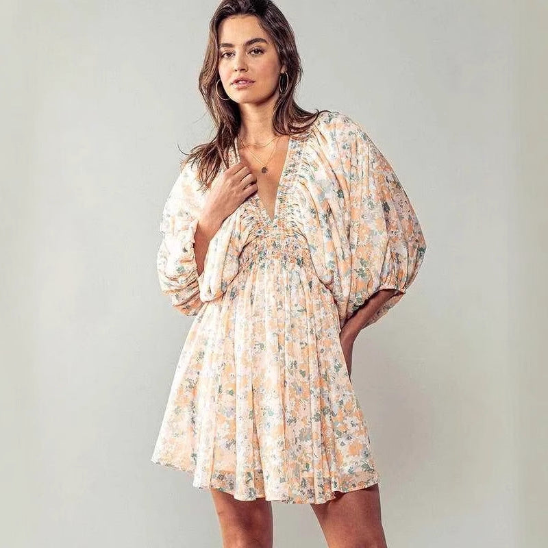 Damen romantisches Gartenkleid mit puffärmeln und elastischer Taille Drune