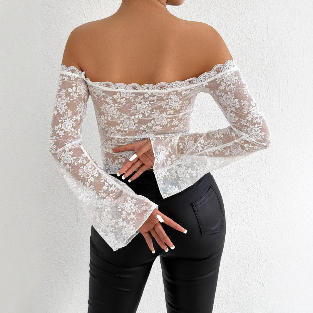 Damen Spitzenoberteil mit schulterfreiem Design und eleganten Trompetenärmeln Drune